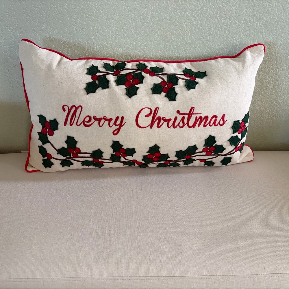 Merry Christmas Lumbar Pillow with Holly Design, 13x22, Great Condition